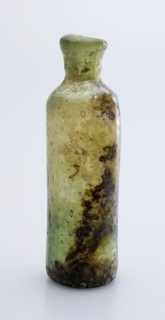 Medicine Bottle, medicine bottle bottle holder soil find glass, free blown and shaped Small (medicine?) Bottle in clear light