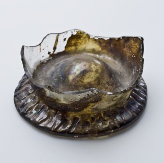 Fragment of foot, soil and chalice of beaker, beaker bottle holder soil find glass, free blown and formed glass application