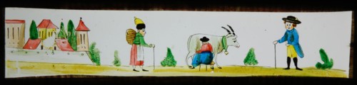 Hand-painted lantern plate with city and goat, slide plate slideshope images glass paper, Hand-painted slides with top