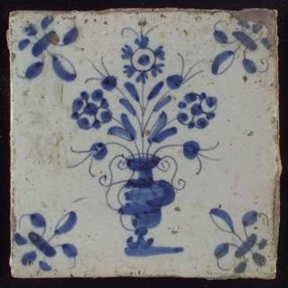 Tile, flowerpot in blue on white, corner pattern lily, wall tile tile sculpture ceramic earthenware glaze, baked 2x glazed