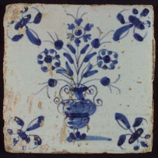 Tile, flowerpot in blue on white, corner pattern lily, wall tile tile sculpture ceramic earthenware glaze, baked 2x glazed