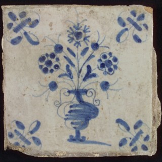 Tile, flower pot in blue on white, corner motif lily, wall tile tile sculpture ceramic earthenware glaze, baked 2x glazed