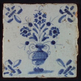 Tile, flowerpot in blue on white, corner pattern lily, wall tile tile sculpture ceramic earthenware glaze, baked 2x glazed