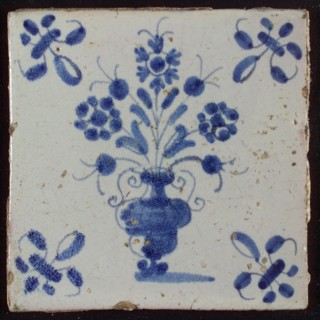 Tile, flower pot in blue on white, corner motif lily, wall tile tile sculpture ceramic earthenware glaze, baked 2x glazed