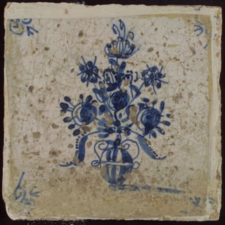 Tile, flower pot in blue on white, corner pattern ox head, wall tile tile sculpture ceramic earthenware glaze, baked 2x glazed