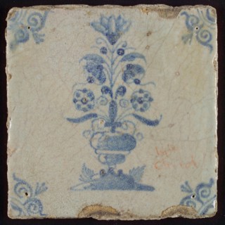 Tile, flower pot in blue on white, corner motif oxen head, wall tile tile footage earth discovery ceramics pottery glaze, baked
