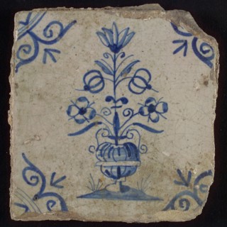 Tile, flower pot in blue on white, corner motif big ox head, wall tile tile sculpture ceramic earthenware glaze, baked 2x glazed