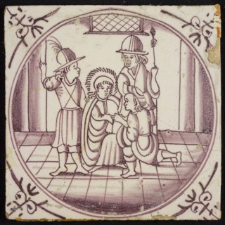 Scene line, Jesus with three figures, corner pattern ox's head, wall tile tile sculpture ceramics pottery glaze, baked 2x glazed