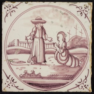 Scene line, Jesus appears as gardener for Mary Magdalene, corner motif ox's head, wall tile tile sculpture ceramic earthenware
