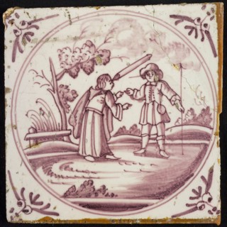 Scene tile, beam in the eye of the one, splinter in the eye of the other, corner pattern ox's head, wall tile tile sculpture