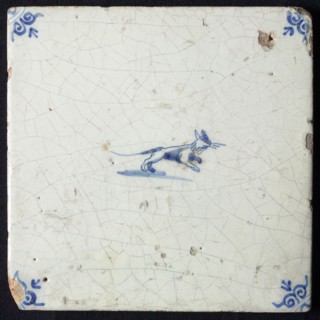 Animal tile, jumping cat to the right, in blue on white, corner motif; ox head, wall tile tile sculpture ceramic earthenware