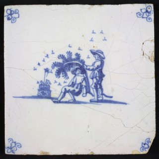 Scene tile, blue, with landscape containing two men and beehive with swarming bees, corner pattern spider, wall tile