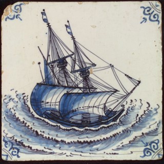 Scene tile, three-master in heavy storm, corner motif of ox's head, wall tile tile sculpture ceramic earthenware glaze, baked 2x