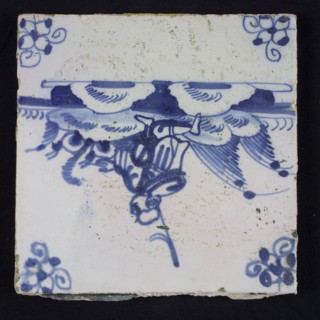 Figure tile, blue with landscape with shepherd kneeling on one knee, corner pattern spider, wall tile tile sculpture ceramic