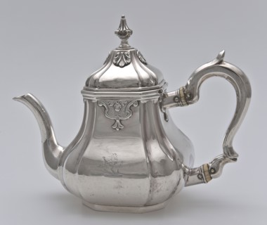 Silver teapot, teapot tableware holder silver ivory, molded appliqué engraved Pear shaped body and hinged bell-shaped lid