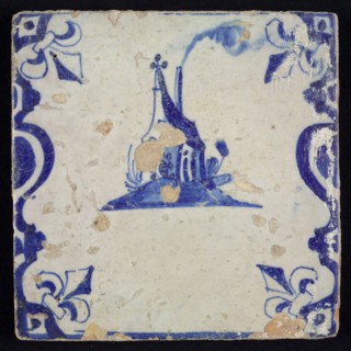 Scene tile, blue with landscape with cottage with wind vane and plume of smoke, between balusters, corner motif lily, wall tile