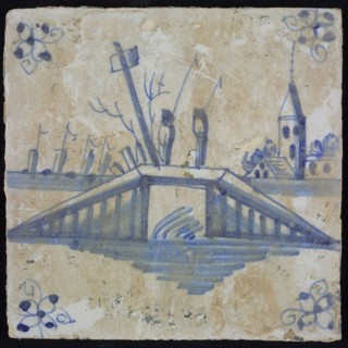 Scene tile, blue with landscape with bridge with two fishermen, corner pattern spider, wall tile tile sculpture ceramic