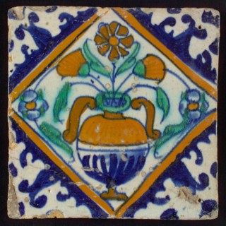 Flower tile, flowerpot in square, corner pattern palmet, wall tile tile sculpture ceramic earthenware glaze, baked 2x glazed