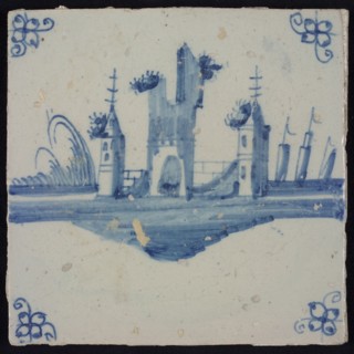 Scene tile, blue with landscape with castle ruin, corner pattern spider, wall tile tile sculpture ceramic earthenware glaze