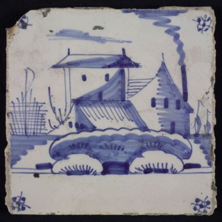 Scene tile, blue with landscape with house with shed, corner motif spider, wall tile tile sculpture ceramic earthenware glaze