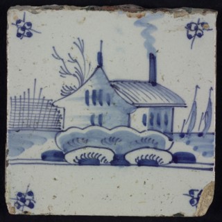 Scene tile, blue with landscape with house and barn, corner motif spider, wall tile tile sculpture ceramic earthenware glaze