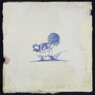Animal tile, bird on ground to the left, in blue on white, without corner motif, wall tile tile sculpture ceramic earthenware