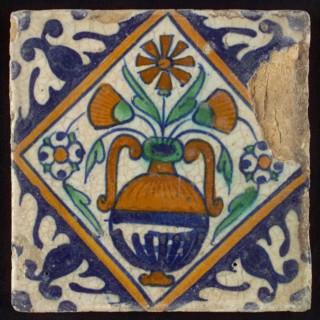 Flower tile, flowerpot in square, corner pattern palmet, wall tile tile sculpture ceramic earthenware glaze, baked 2x glazed