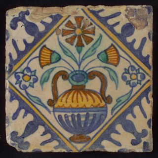 Flower tile, flowerpot in square, corner pattern palmet, wall tile tile sculpture ceramic earthenware glaze, baked 2x glazed