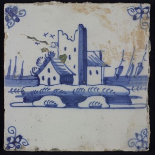 Scene tile, blue with landscape with houses and tower ruin, corner motif spider, wall tile tile sculpture ceramic earthenware