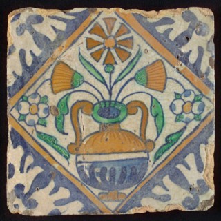 Flower tile, flowerpot in square, corner pattern palmet, wall tile tile sculpture ceramic earthenware glaze, baked 2x glazed