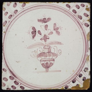 Flowerpot, in purple on white, small flowerpot inside circle, corner pattern meanders, wall tile tile sculpture ceramic