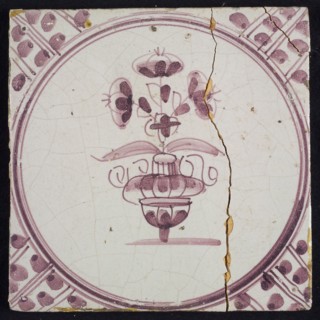 Flowerpot, in purple on white, small flowerpot inside circle, corner pattern meanders, wall tile tile sculpture ceramic