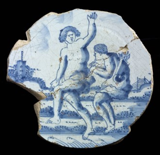 Soul of majolica dish with representation of two mythological figures, Blue on white, plate dish crockery holder soil find
