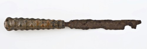Knife with carved legs, different browns, engraved decoration and ornamental nails, blade of forged iron, knife cutlery soil