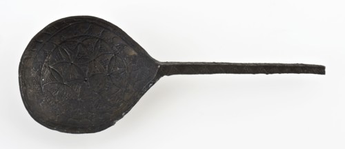 Small pewter spoon, drop-shaped bowl and square stem, decorated whole spoon in relief, spoon cutlery soil find tin metal