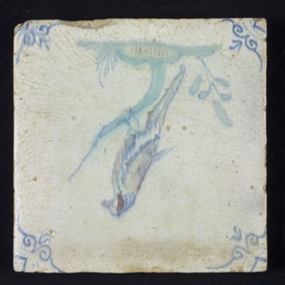 Animal tile, multicolored on white, bird on branch, corner pattern ox head, baking defect, wall tile tile sculpture ceramic