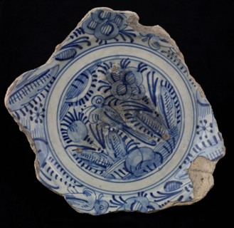 Fragment majolica dish, blue on white, Chinese inspired motif with birds and plants, plate dish crockery holder soil find