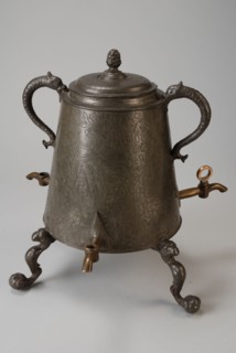 Conical tap jug on high legs, engraved with family crest Van Dam, with separate lid and three copper taps, one with stop, tap