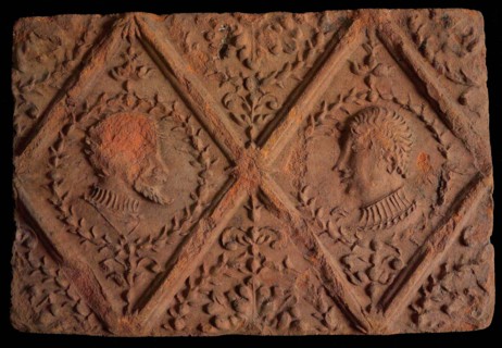 Hearthstone, from Antwerp Belgium, without frame, with male and female head, hearth fireplace part ceramic brick, baked Hearth