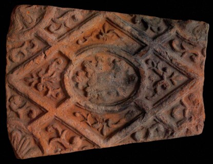Hearthstone, from Antwerp Belgium, without frame, with rosette in window, fireplace hearth part ceramic brick, fired Hearth