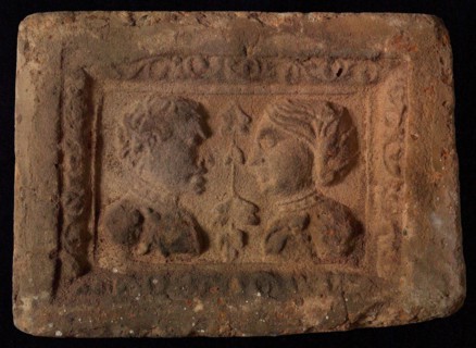 Hearthstone, Luiks, from Luik, Liege Belgium, with wide frame, with male and female head, hearth fireplace component ceramics