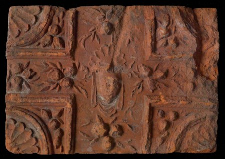 Hearthstone, from Antwerp Belgium, without frame, with mascaron, fire stone fireplace component ceramics brick, baked Hearth