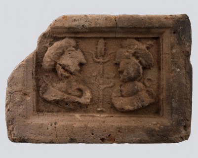 Hearthstone, Luiks, from Luik, Liege Belgium, with wide frame, with male and female head, hearth fireplace part ceramics brick
