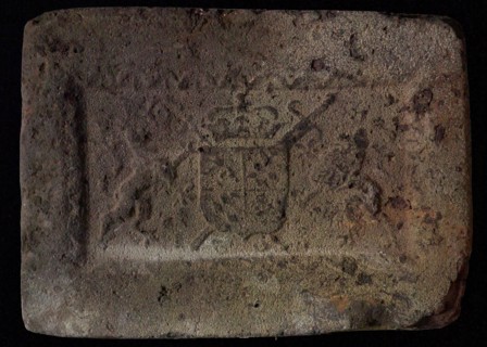 Hearthstone, Luiks, from Luik, Liege Belgium, with wide frame, with coat of arms, fireplace hearth part ceramics brick, baked