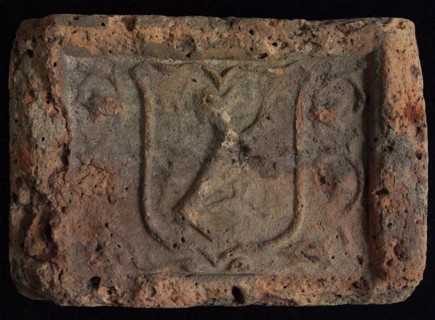 Hearthstone, 'Liege', with wide frame, with escutcheon with climbing lion, hearth fireplace component ceramics brick, fired