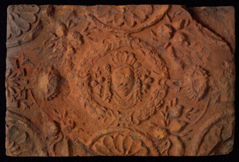 Hearthstone, from Antwerp Belgium, without frame, with mascaron, fireplace stone component ceramics brick, baked Hearth stone