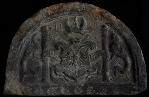 Hearthstone, capstone, with escutcheon of Emperor Charles V, fireplace stone hearth part ceramic brick, baked Hearth stone half