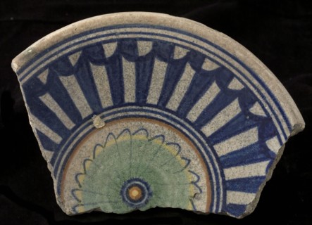Fragment of the majolica dish, polychrome, in the middle rosette, surrounded by geometrical patterns, plate crockery holder soil