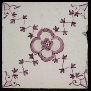 F.J. Kleyn, Ornament tile, rosette with flower heart, corner pattern ox head, wall tile tile sculpture ceramic earthenware glaze