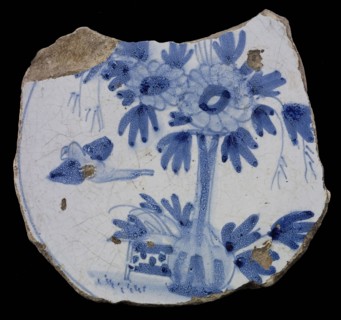 Fragment majolica dish, blue on white, still life in Chinese style, flower vase and bird, dish plate crockery holder earth